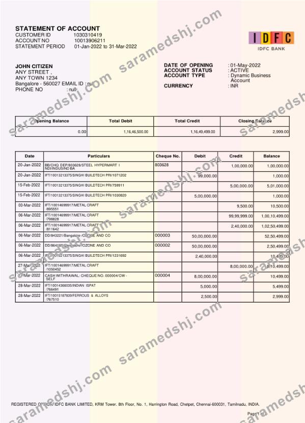 INDIA IDFC First bank statement template, Word and PDF format, version 2